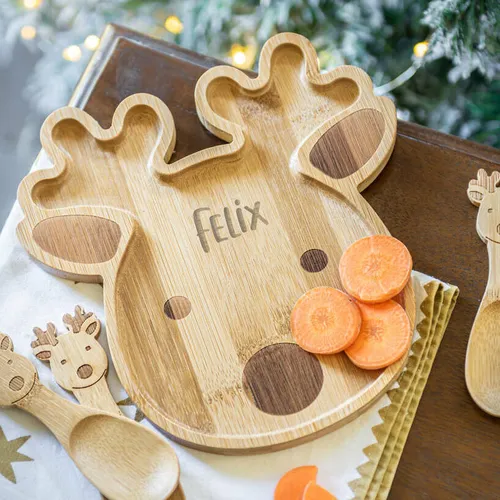 Personalised Reindeer Bamboo Christmas Plate Set