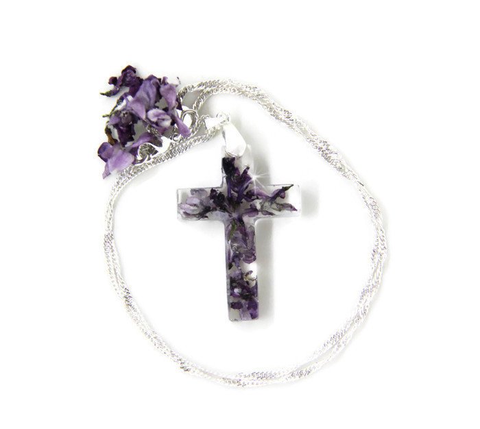 Cross Necklace with Real Lilac 