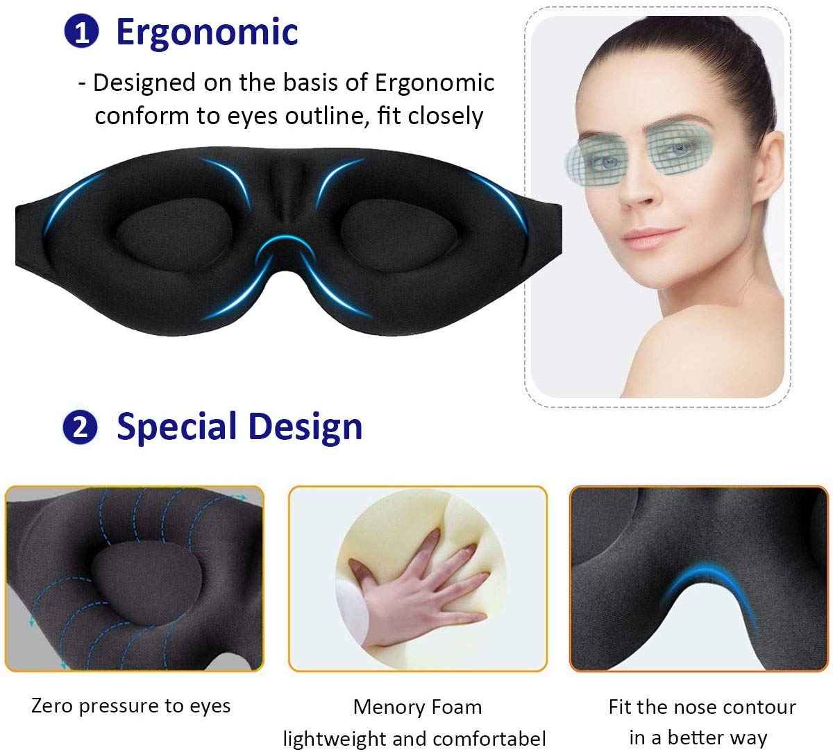 3D Contoured Cup Sleeping Mask & Blindfold with Ear Plug