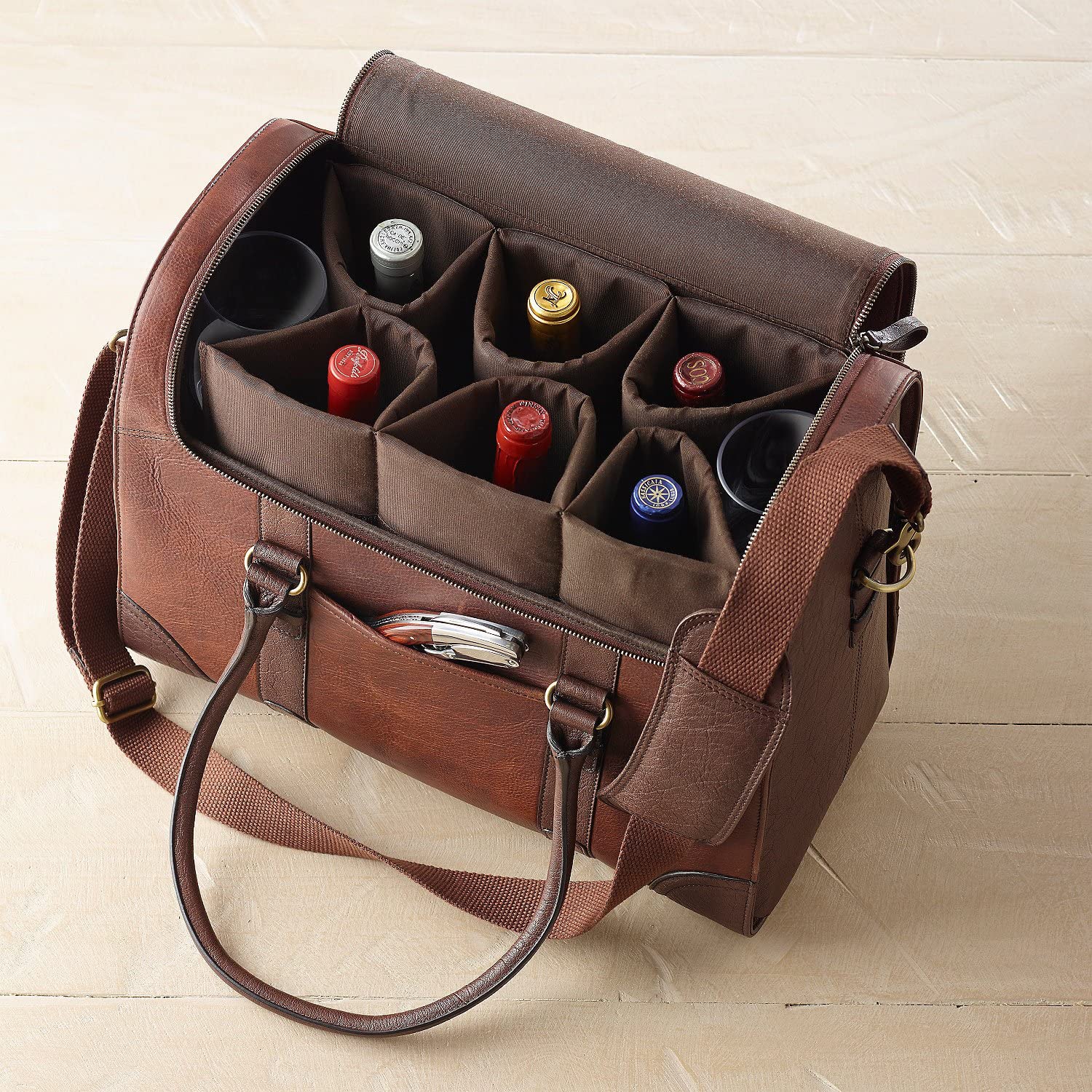 6-Bottle Leather Weekender Wine Bag