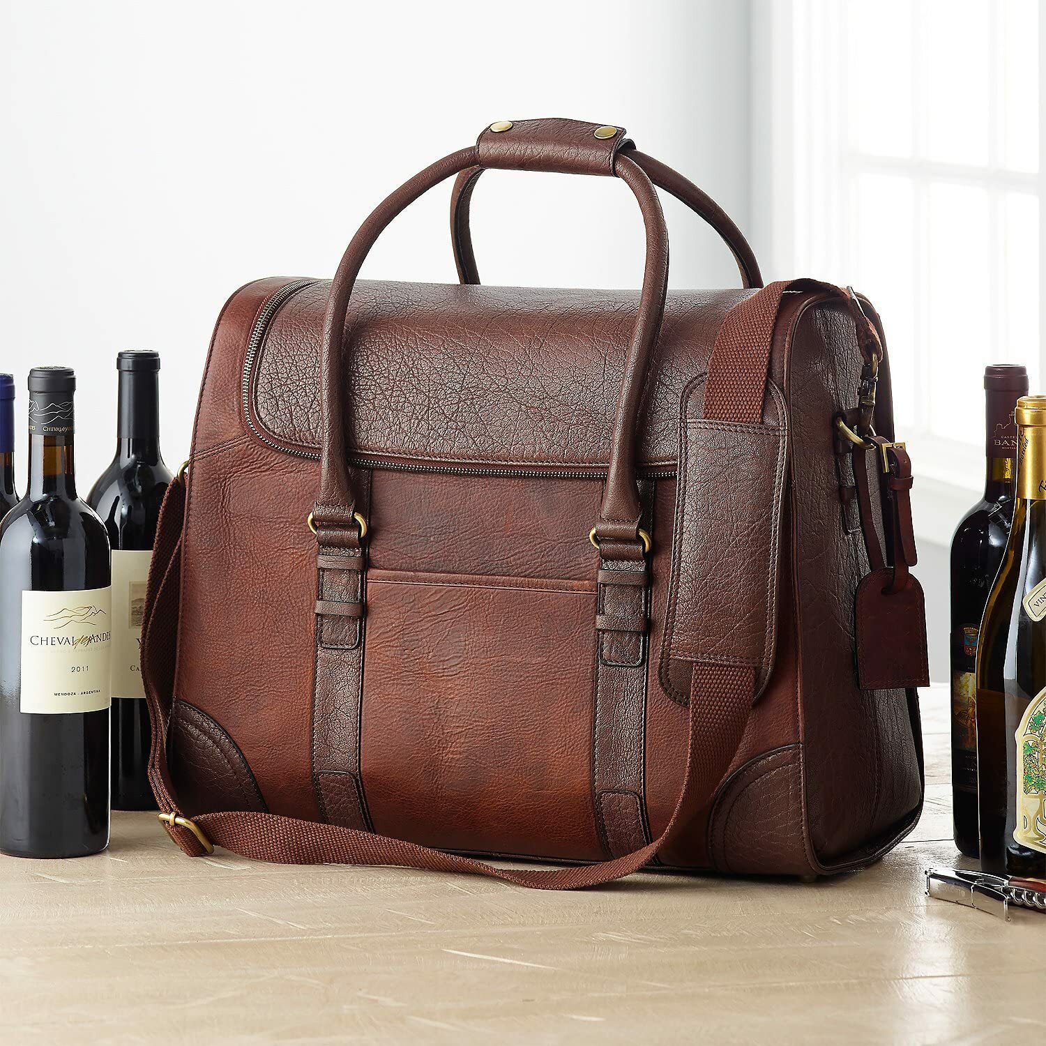 6-Bottle Leather Weekender Wine Bag