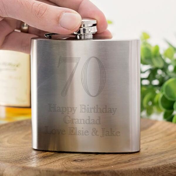 70th Birthday Brushed Stainless Steel Hip Flask