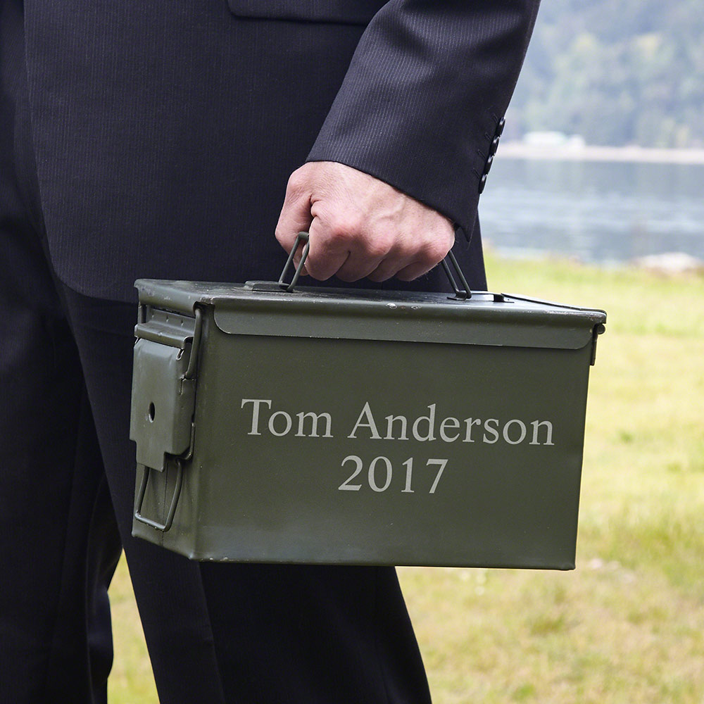 Ammo Box Can and Engraved Liquor Flask