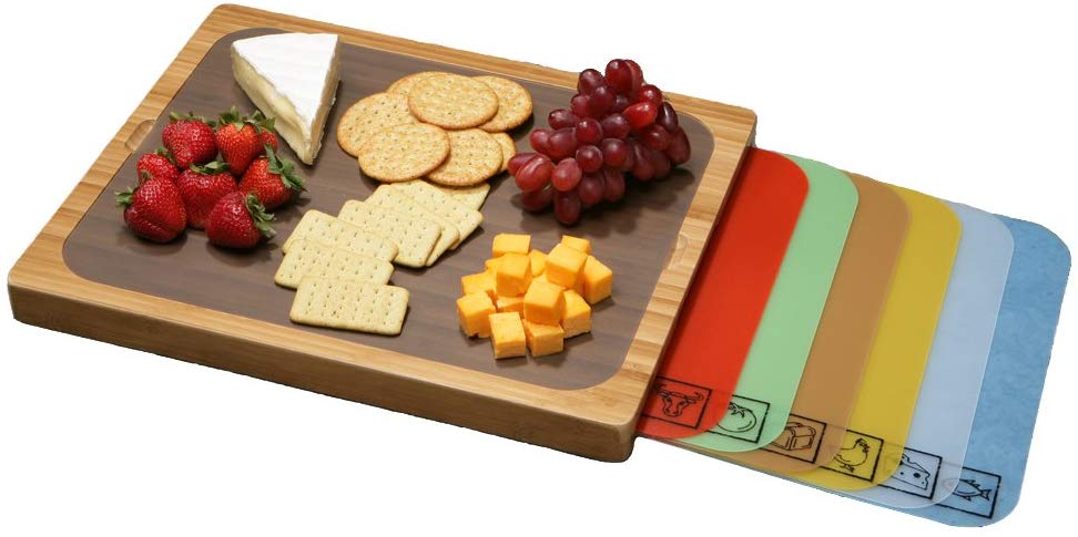 Bamboo Cutting Board and 7 Color-Coded Cutting Mats 