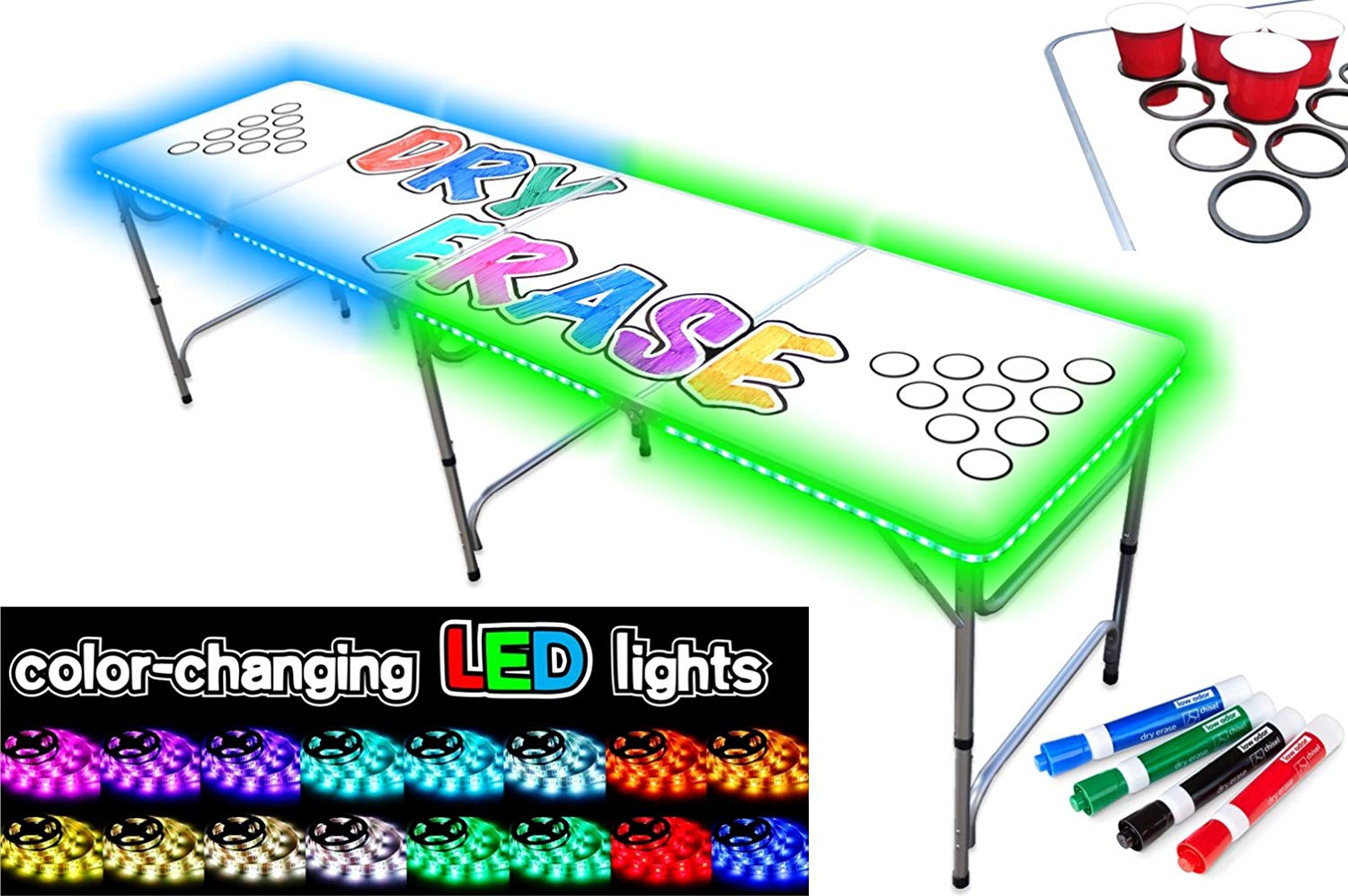 Beer Pong Table with LED Lights, Dry Erase Surface & More