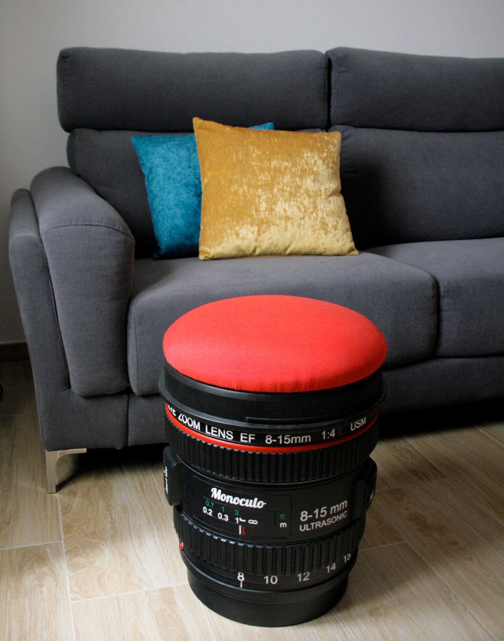 Camera Lens Wood Stool with Storage