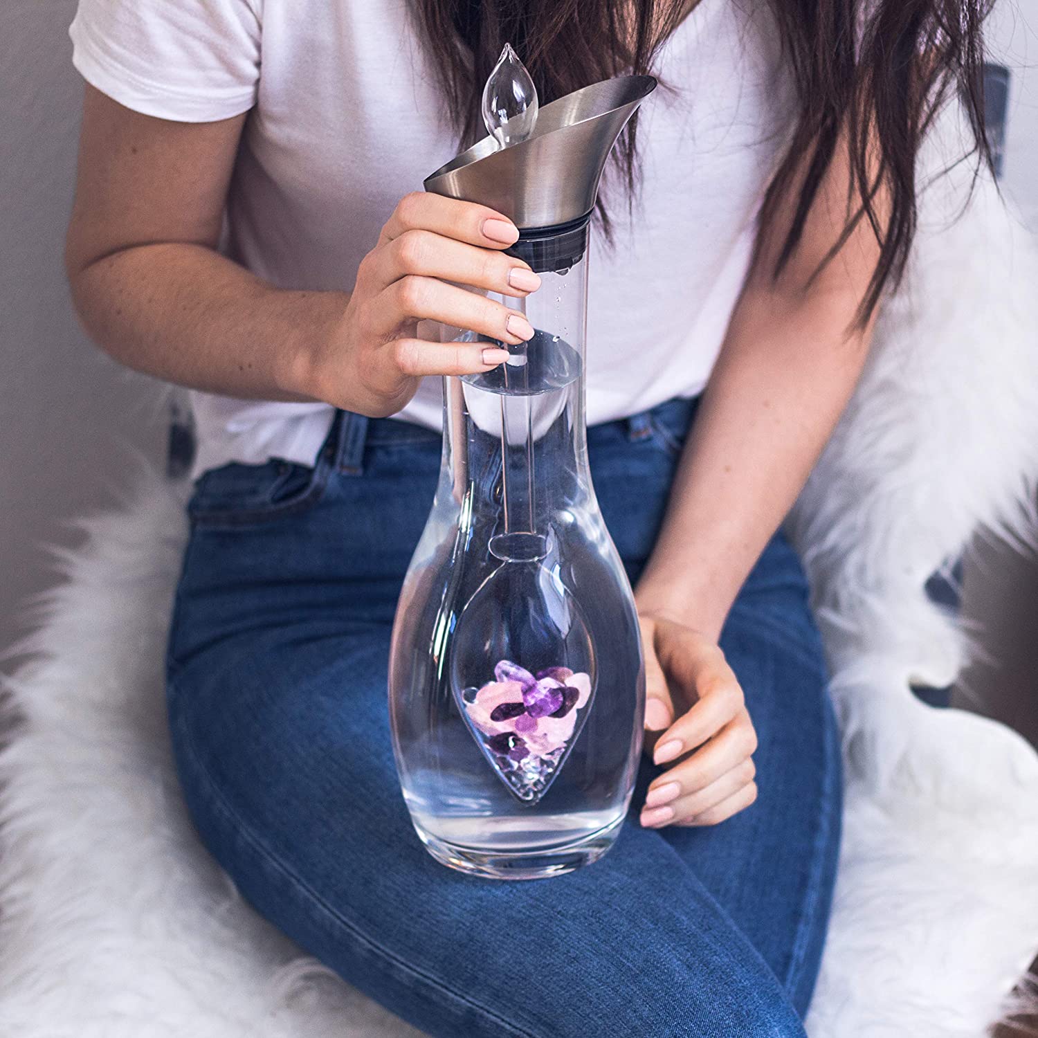  Crystal Water Decanter with Amethyst & Quartz