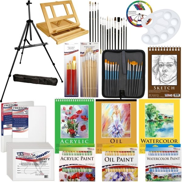 Deluxe Artist Painting Set with Aluminum and Wood Easels