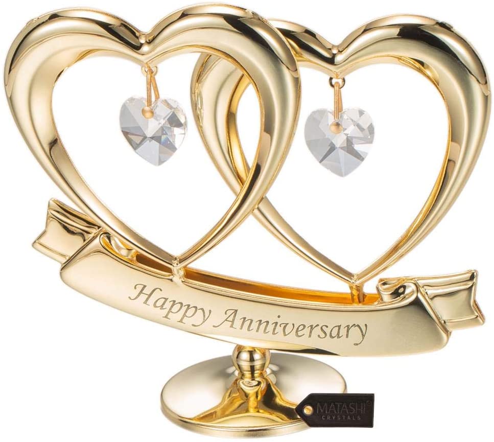 Gold Plated Happy Anniversary Double Heart Figurine