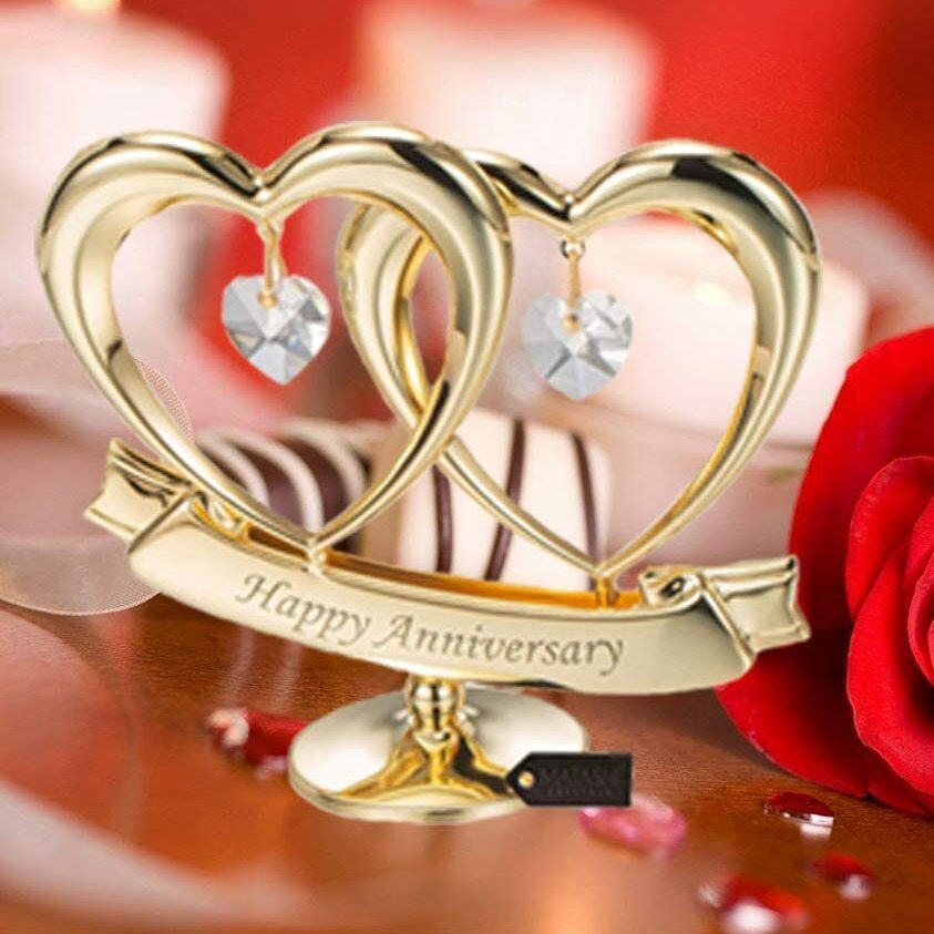 Gold Plated Happy Anniversary Double Heart Figurine | Giftopix