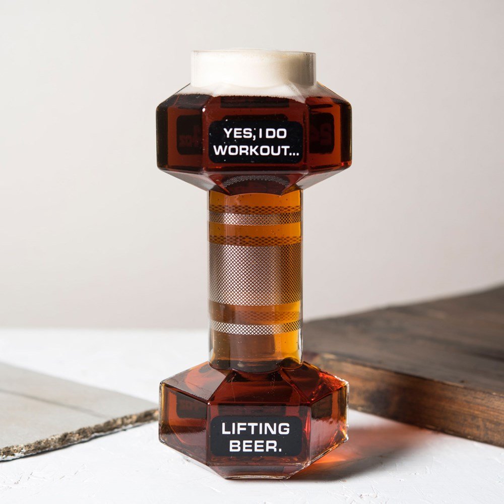 lifting dumbbell beer glass