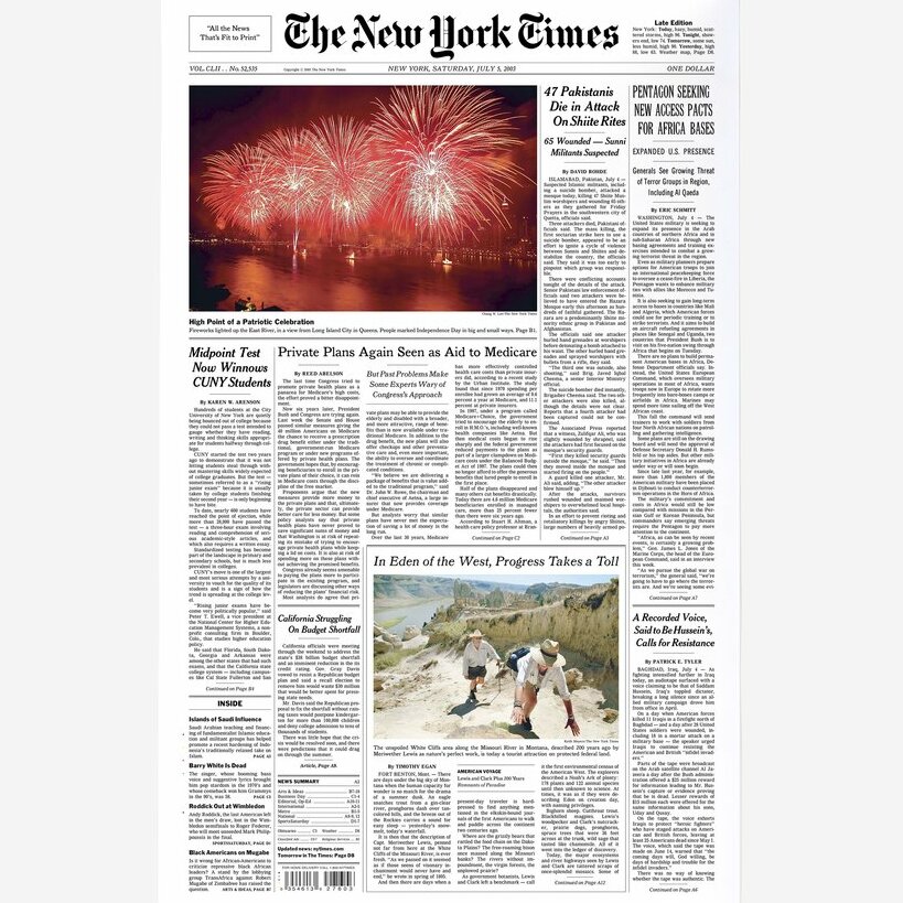 NY Times Front Page Reprint