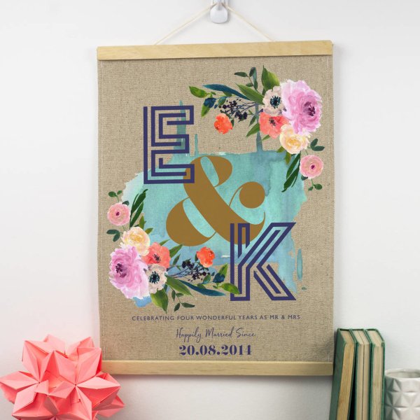 Personalised Linen Anniversary Floral Initials Print