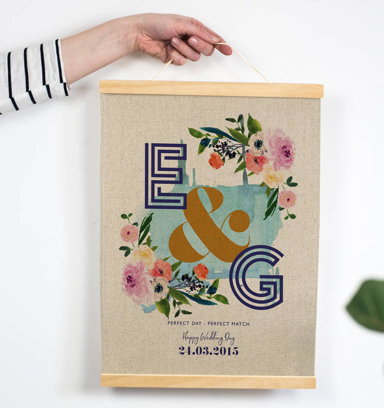 Personalised Linen Anniversary Floral Initials Print