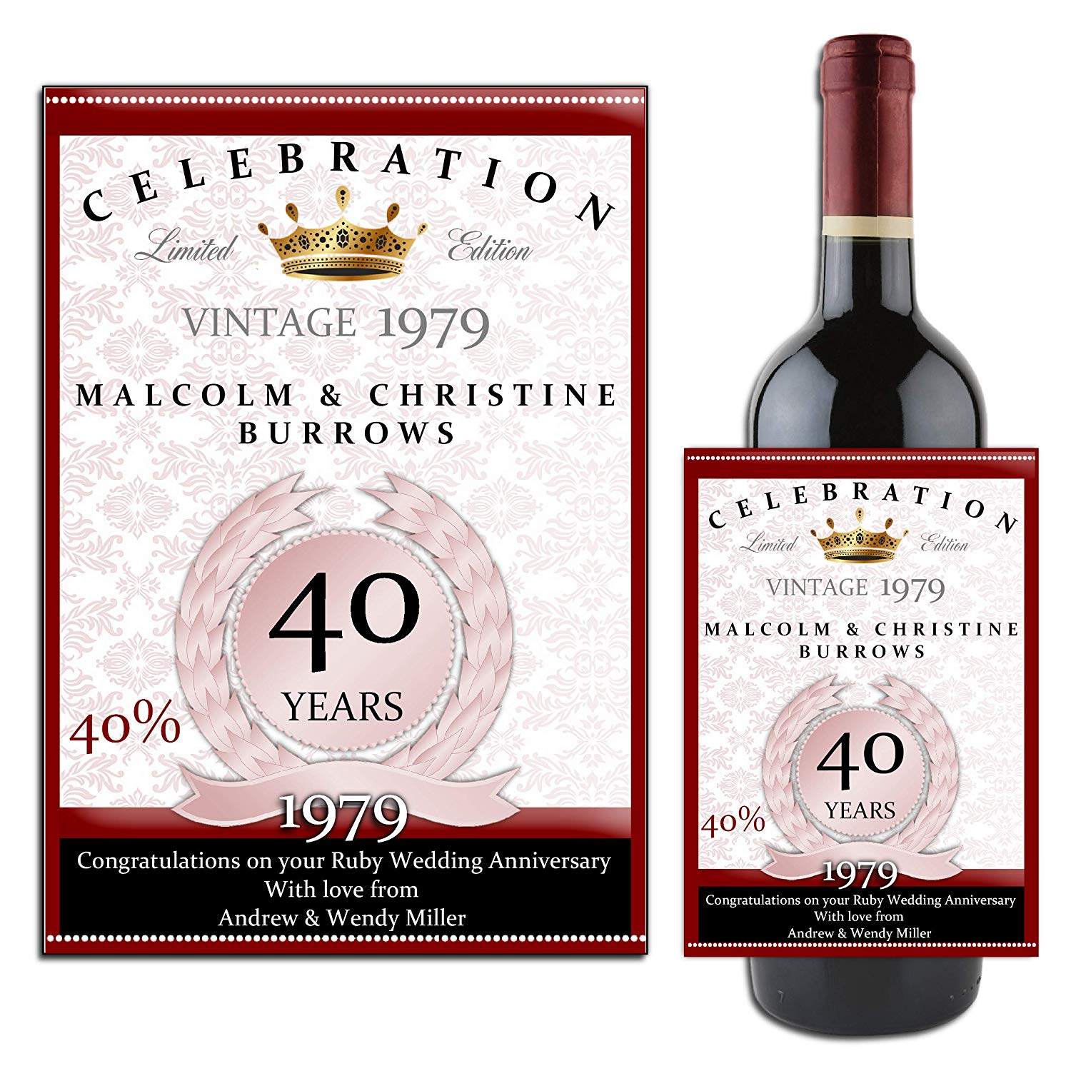 Personalized 40th Ruby Wedding Anniversary Wine Label