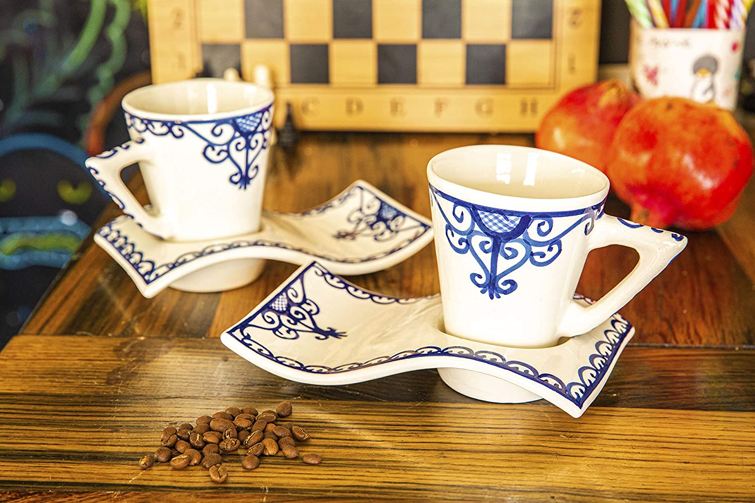 Set of 2 Coffee/Tea Ceramic Wave mugs and Coaster Plates