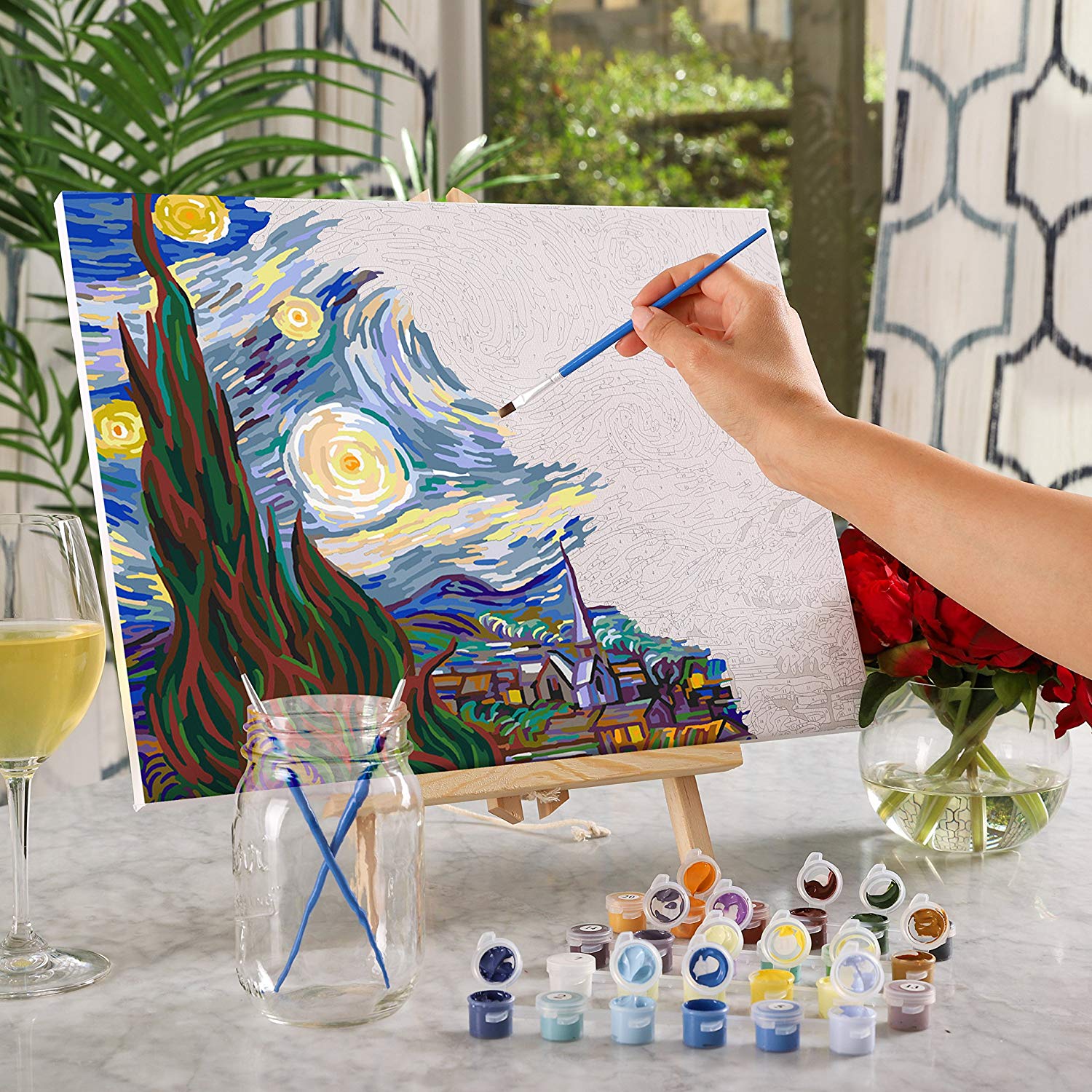Paint By Numbers Van Gogh Starry Sky DIY Kit – 40x50cm Canvas, Acrylic Paints, Nylon Brushes, For Adults & Kids