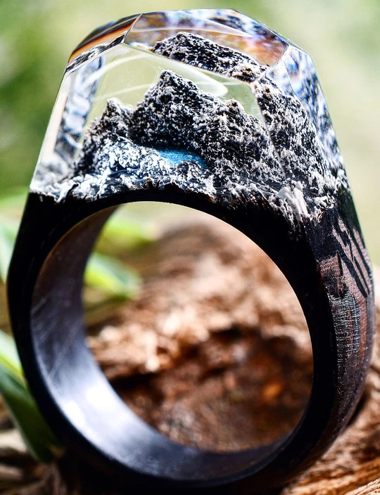 Wooden Rings With Mini Landscapes Encapsulated In Resin