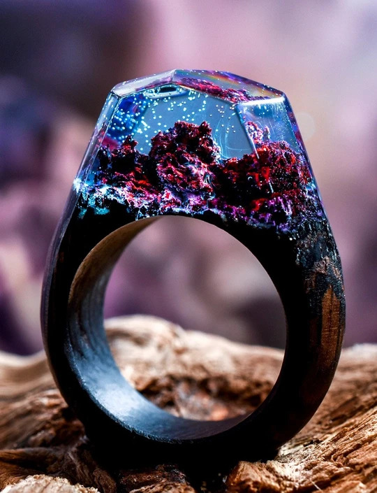 Wooden Rings With Mini Landscapes Encapsulated In Resin