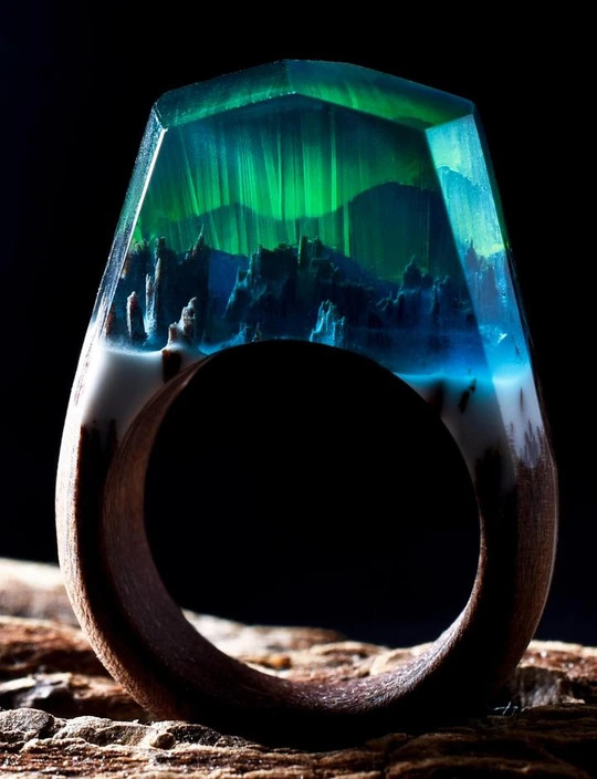 Wooden Rings With Mini Landscapes Encapsulated In Resin