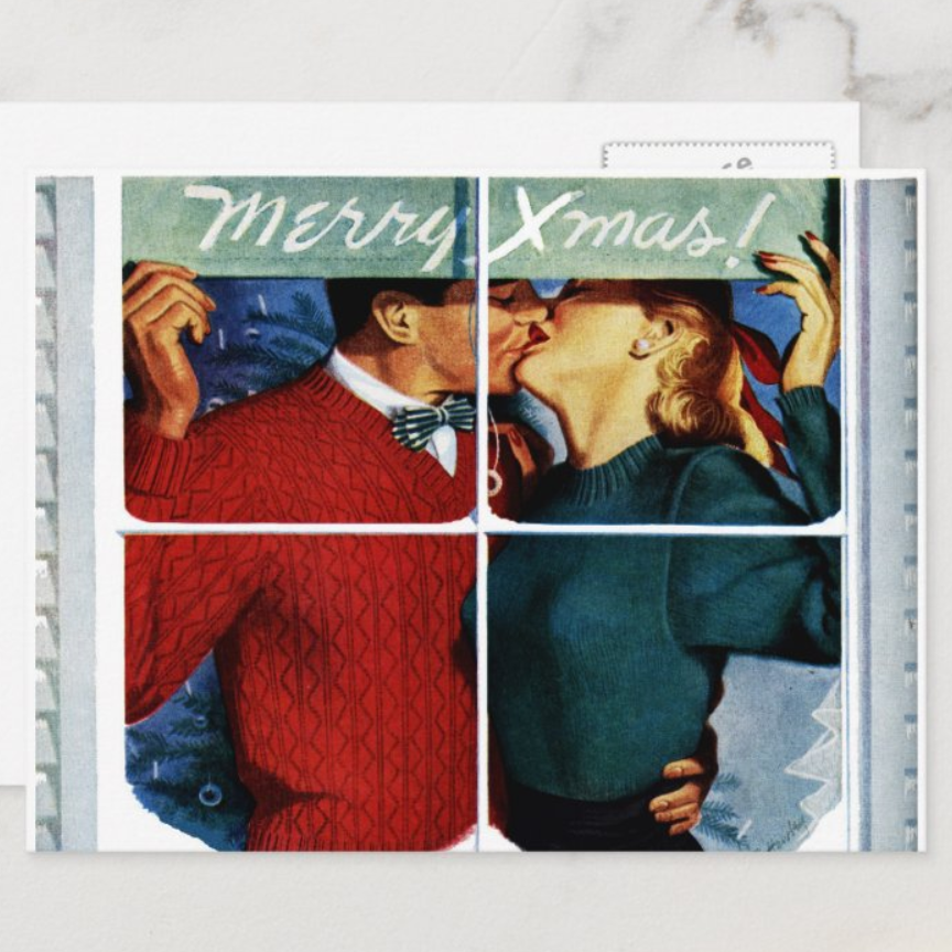 Retro Kissing Christmas Couple Postcard