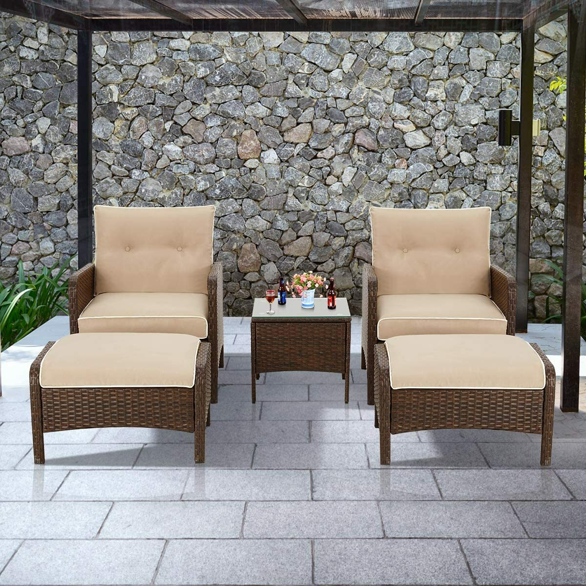 U-MAX Patio Furniture and Ottoman Set with Cushions & Side Table