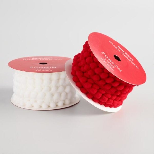 White And Red Pom Pom Ribbons Set Of 2